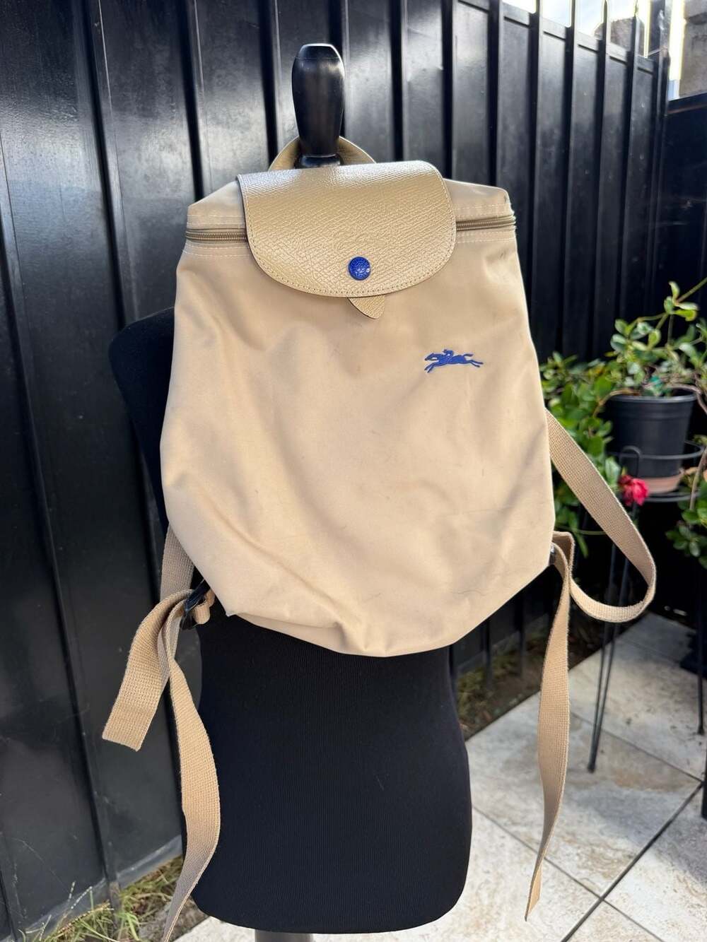 Longchamp Le Pliage Club Beige Nylon Backpack with Blue Horse Embroidery